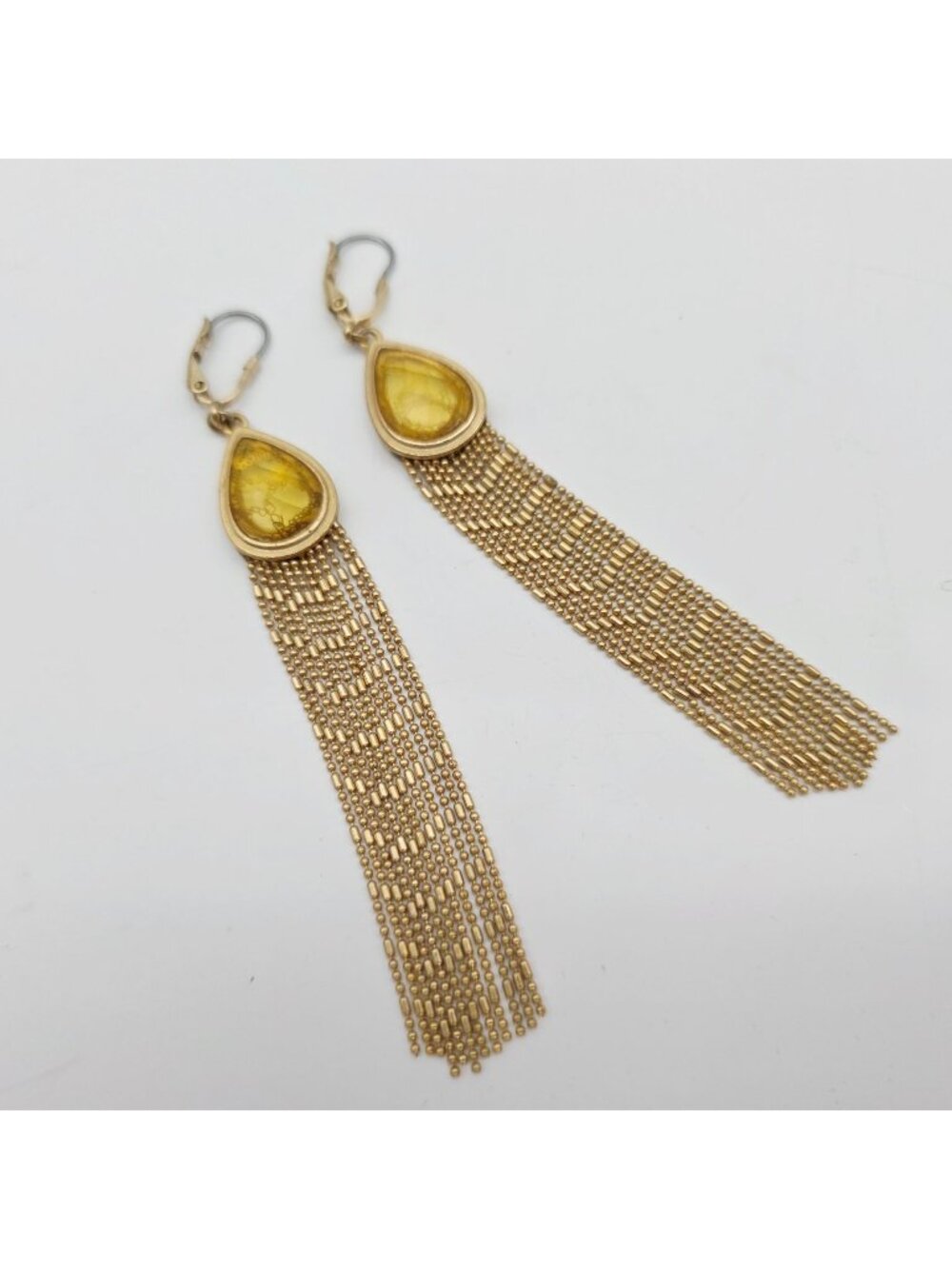 Paparazzi Gold Tone Fringe Dangle Earrings Yellow Teardrop Accents 4"